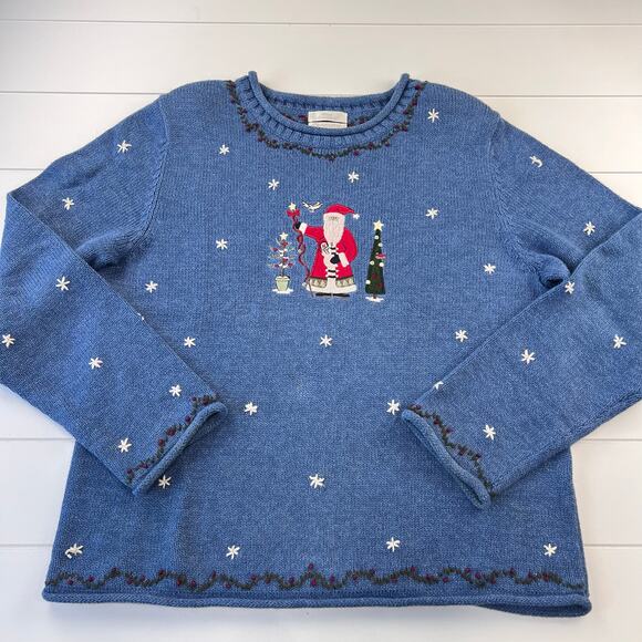 Christopher & Banks Blue Holiday Santa Christmas Sweater Women's size large - Picture 1 of 5